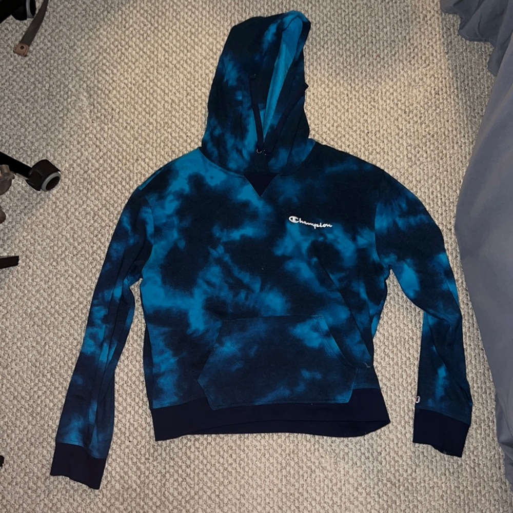 Champion Blue & Black Tie Dye Cropped Hoodie